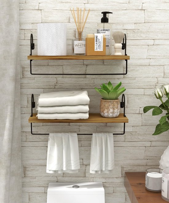 Unyqoos® Ruimtebesparend houten wandrek met handdoekhouder en haken, set van 2 voor diverse ruimtes
