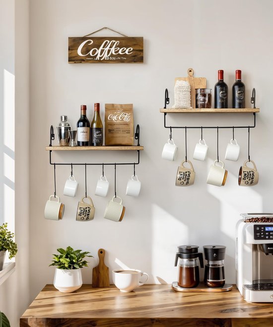 Unyqoos® Ruimtebesparend houten wandrek met handdoekhouder en haken, set van 2 voor diverse ruimtes