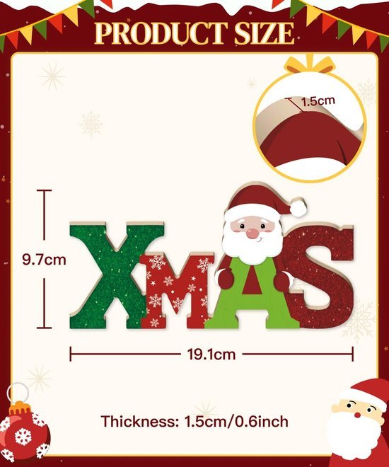 Unyqoos® Houten Kerstdecoratie met XMAS Letters en Santa Claus voor Binnengebruik