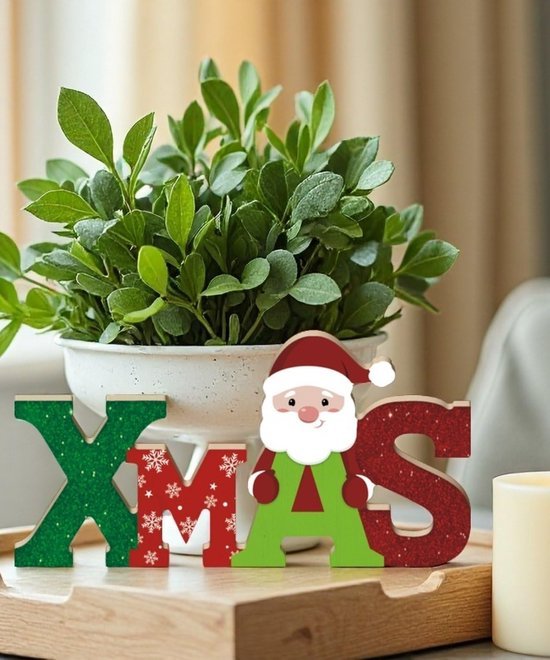 Unyqoos® Houten Kerstdecoratie met XMAS Letters en Santa Claus voor Binnengebruik