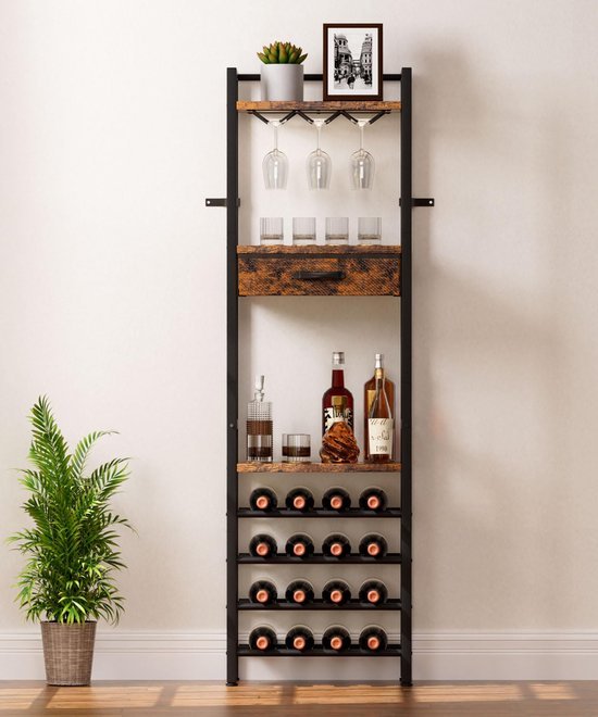 Unyqoos® Vrijstaand metalen wijnrek met planken en lade voor huiselijke organisatie