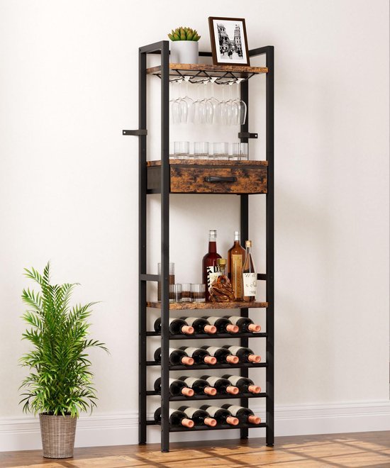 Unyqoos® Vrijstaand metalen wijnrek met planken en lade voor huiselijke organisatie