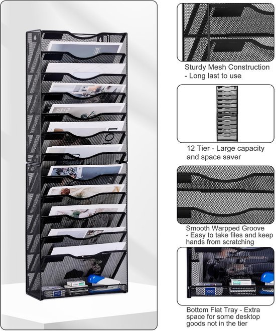 Unyqoos® Metalen wandorganizer met 12 vakken voor documenten en tijdschriften