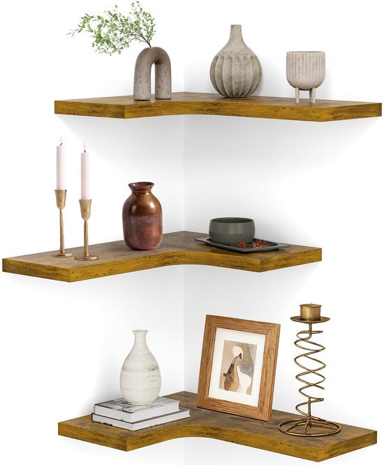 Unyqoos® L-vormige houten wandplank set van 3 voor veelzijdig gebruik in huis