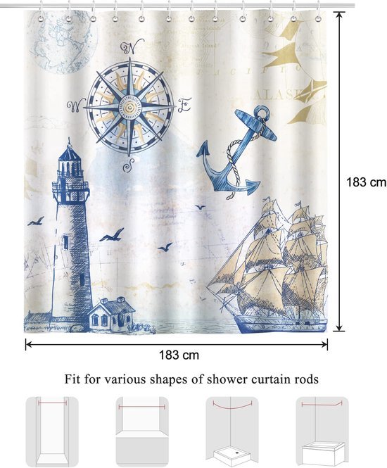 550x665-5.jpg Unyqoos® Maritiem Douchegordijn met Anker en Zeilboot Motief, Waterdicht en Wasbaar Polyester Badgordijn