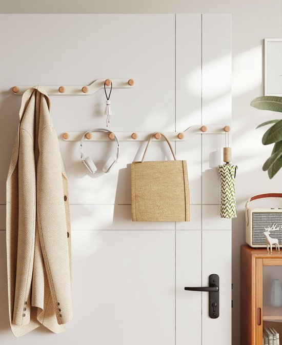 Unyqoos ® Stijlvolle Crèmekleurige Wandkapstok met Vijf Houten Haken voor Verschillende Kamers