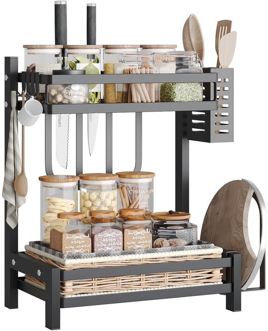 550x678-3.jpg Unyqoos® Multifunctioneel Zwart Keukenrek met Twee Etages en Handige Accessoires