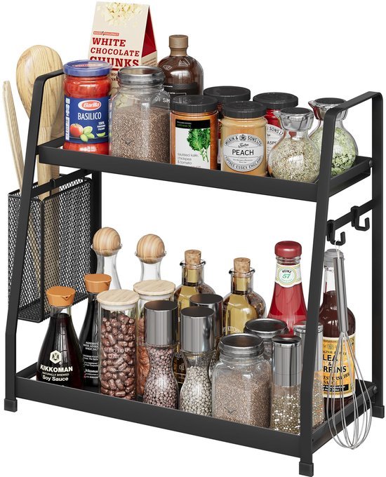 550x680-10.jpg Unyqoos® Stijlvol Zwart Metalen Kruidenrek met 2 Niveaus voor Optimaal Keukenbeheer