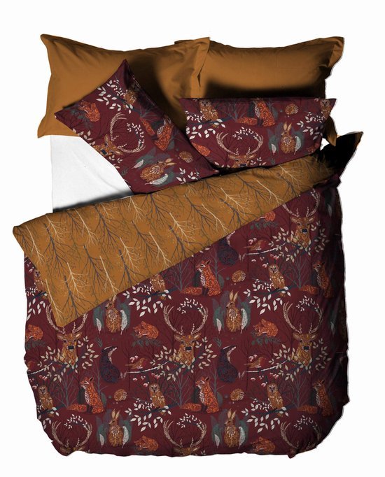 Unyqoos® Roestkleurige dekbedovertrekset met bosdierenprint voor eenpersoonsbed