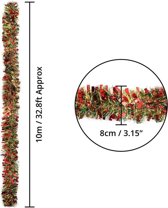 Unyqoos ® Kleurrijke Kerstslinger van 10 Meter voor Binnen- en Buitenversiering met Glitters en Lametta