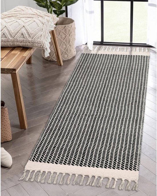 Unyqoos® Stijlvol katoenen boho tapijt met visgraatpatroon en kwasten 60x130 cm