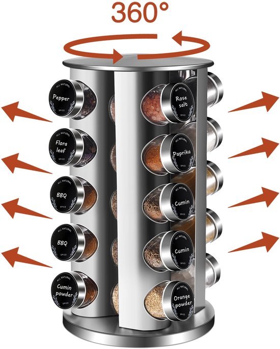 Unyqoos® Rond Draaibaar Kruidenrek met 20 Stijlvolle Kruidenpotjes voor Optimale Organisatie