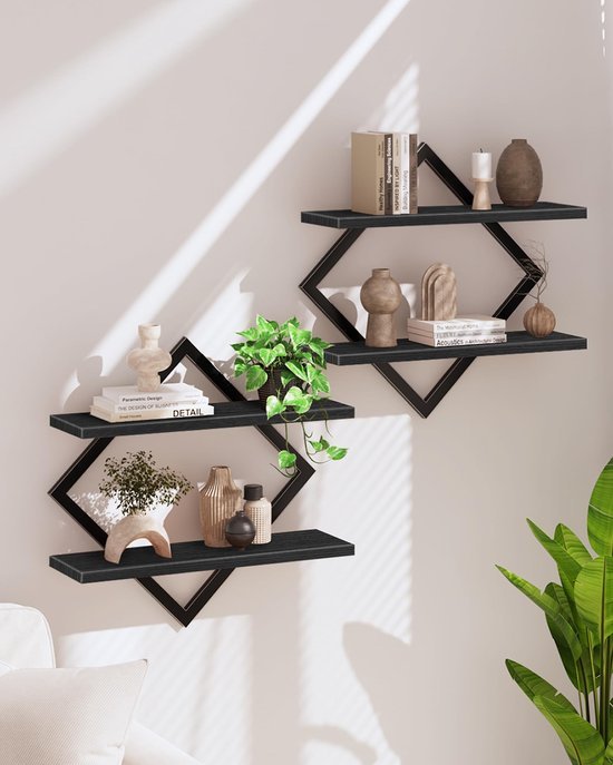 550x687-224.jpg Unyqoos® Stijlvolle set van 2 wandrekken met ruitvormig metalen frame in zwart
