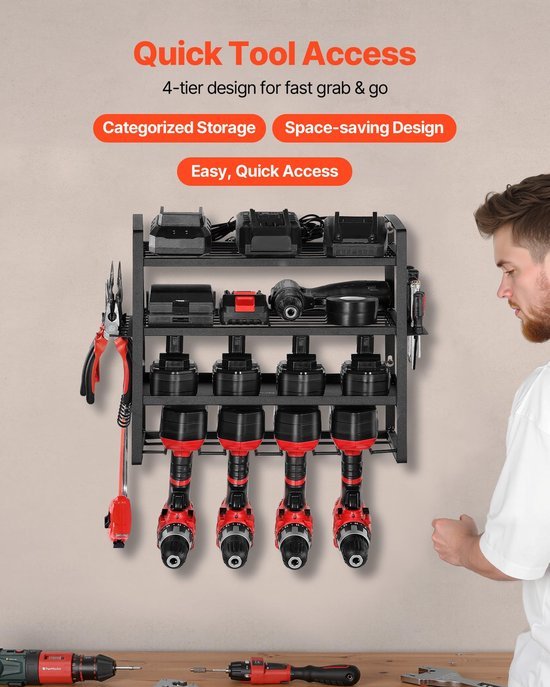 550x687-236.jpg Unyqoos® Wandgemonteerd opbergrek met boor- en gereedschapshouders voor garage en werkplaats