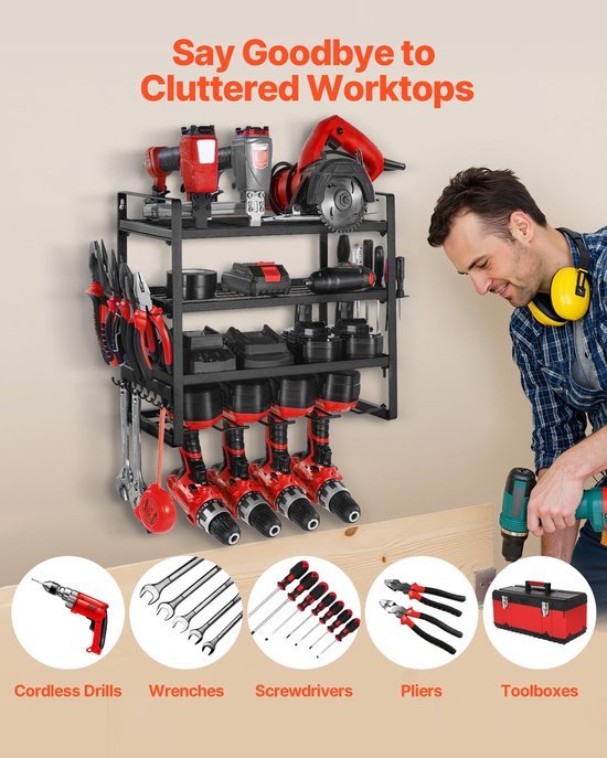 550x687-237.jpg Unyqoos® Wandgemonteerd opbergrek met boor- en gereedschapshouders voor garage en werkplaats
