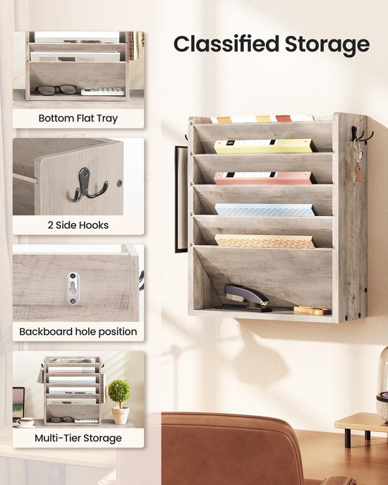 550x687-239.jpg Unyqoos® Wandgemonteerde houten documentenhouder met zes niveaus voor thuiskantoor