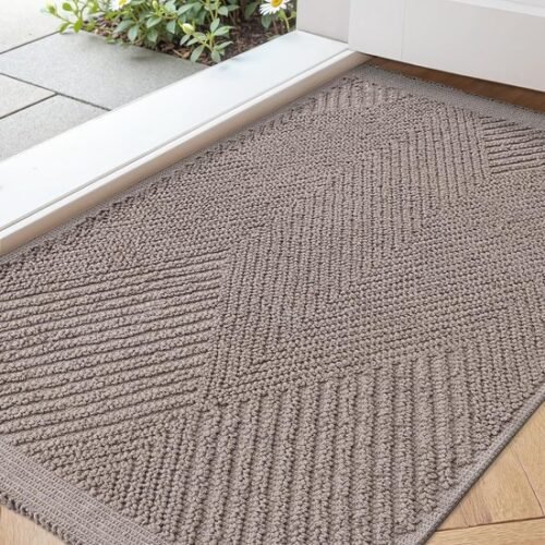 Unyqoos® Wasbare ultradunne deurmat met visgraatpatroon in taupe voor binnen en buiten