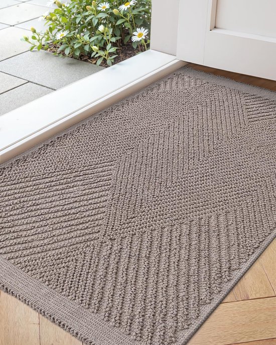 Unyqoos® Wasbare ultradunne deurmat met visgraatpatroon in taupe voor binnen en buiten