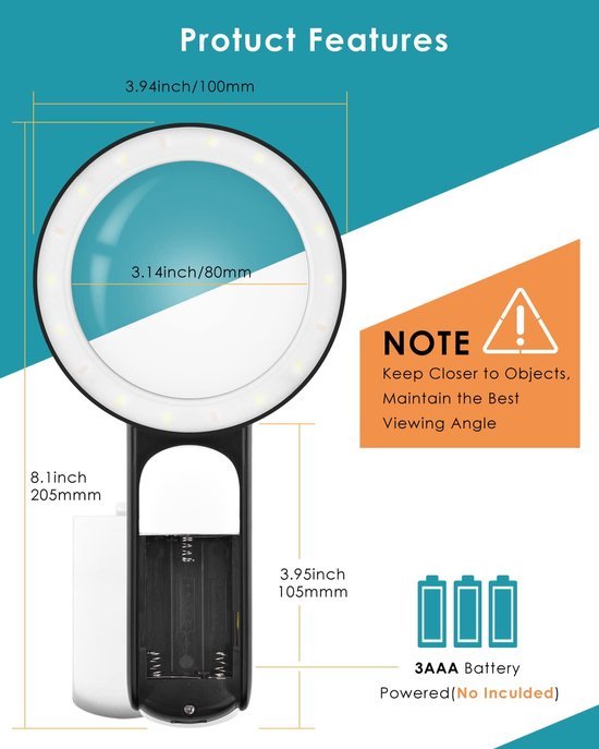 Unyqoos® Handzaam vergrootglas met LED-verlichting en dubbele lens voor nauwkeurig lezen