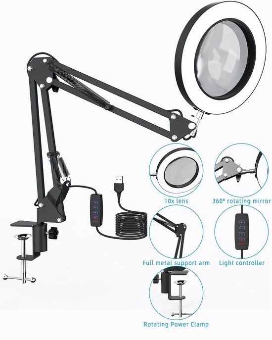 Unyqoos® Dimbare bureaulamp met vergrootglas en klem voor flexibel gebruik