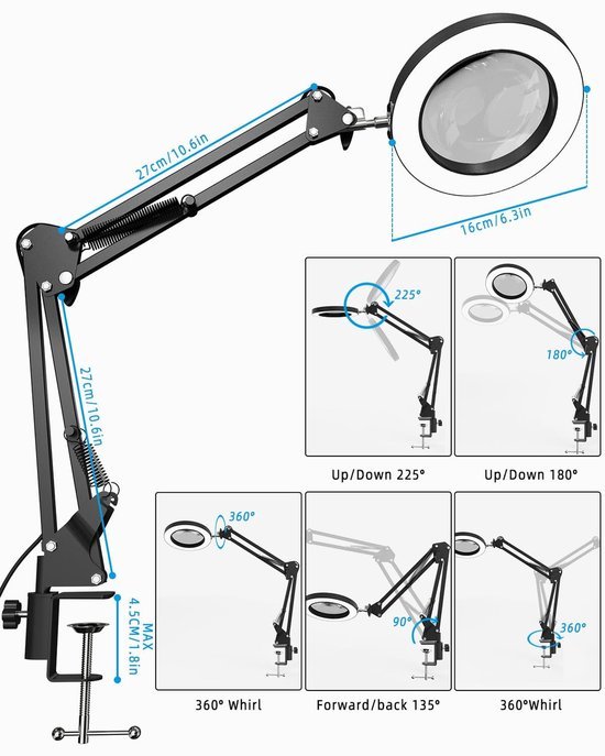 Unyqoos® Dimbare bureaulamp met vergrootglas en klem voor flexibel gebruik