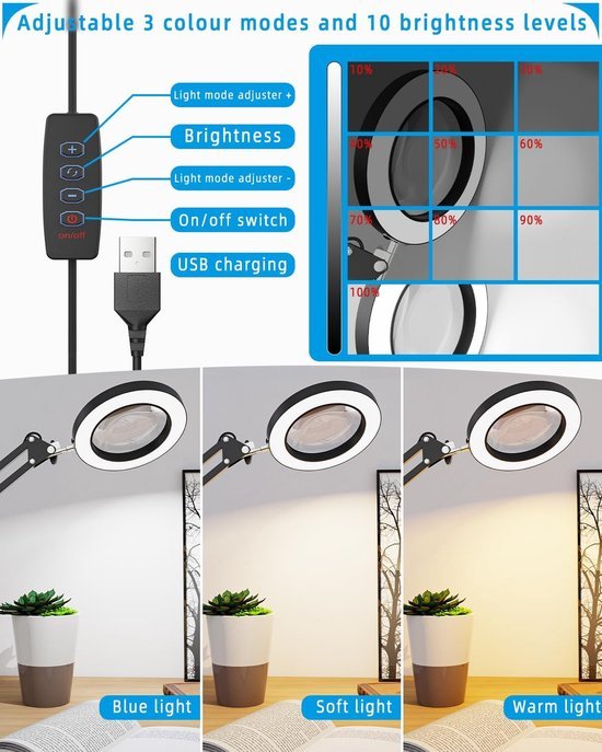 Unyqoos® Dimbare bureaulamp met vergrootglas en klem voor flexibel gebruik