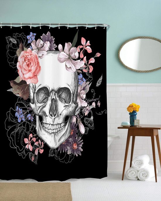 Unyqoos® Halloween Douchegordijn met Bloemen en Skeletmotief Inclusief Haken