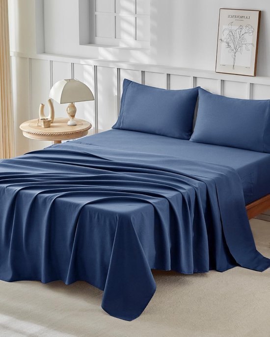 Unyqoos® Driedelig donkerblauw beddengoedset voor eenpersoonsbed met hoeslaken