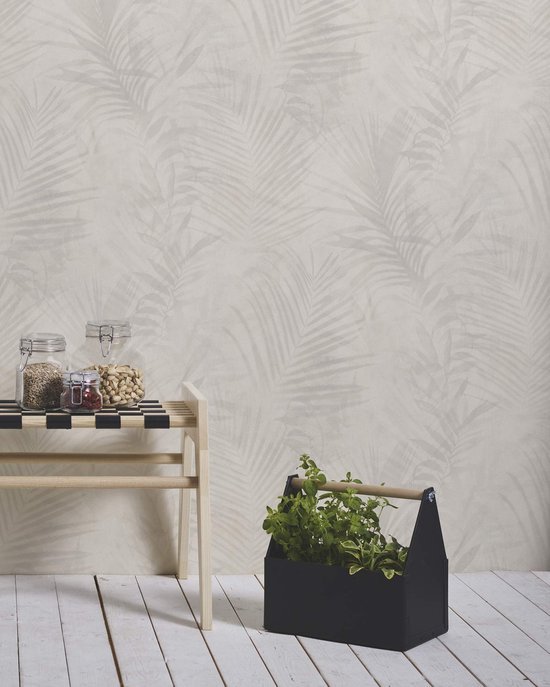 Unyqoos® Elegante Tropische Vliesbehang met Palmbladeren in Crème en Grijstinten