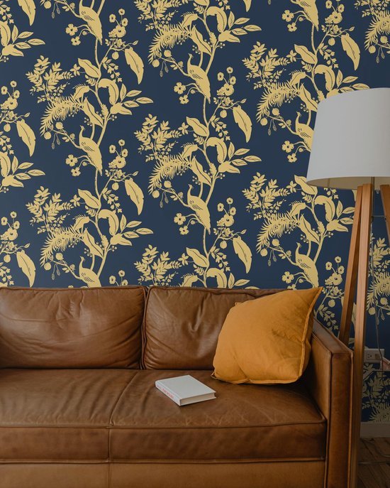 Unyqoos® Donkerblauw en Goud Zelfklevend Behang met Vogel- en Bloemenpatroon 44 cm x 3 m