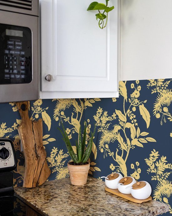 Unyqoos® Donkerblauw en Goud Zelfklevend Behang met Vogel- en Bloemenpatroon 44 cm x 3 m