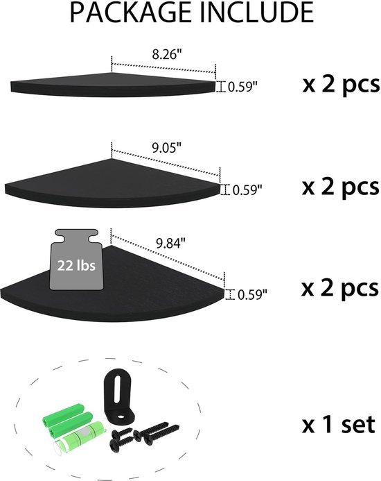 Unyqoos® Set van 6 Houten Hoekwandrekken voor Badkamer, Woonkamer, Keuken, Kinderkamer of Slaapkamer in Zwart