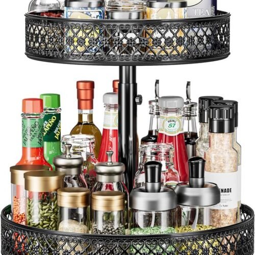 Unyqoos ® Dubbel Dekker Draaiplateau Organizer voor Keuken, Kast en Badkamer met Verstelbare Hoogte en 360° Draaifunctie