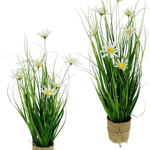 550x704-1.jpg Unyqoos® Natuurgetrouwe kunstgrasstruik met margrieten in stijlvolle jute pot
