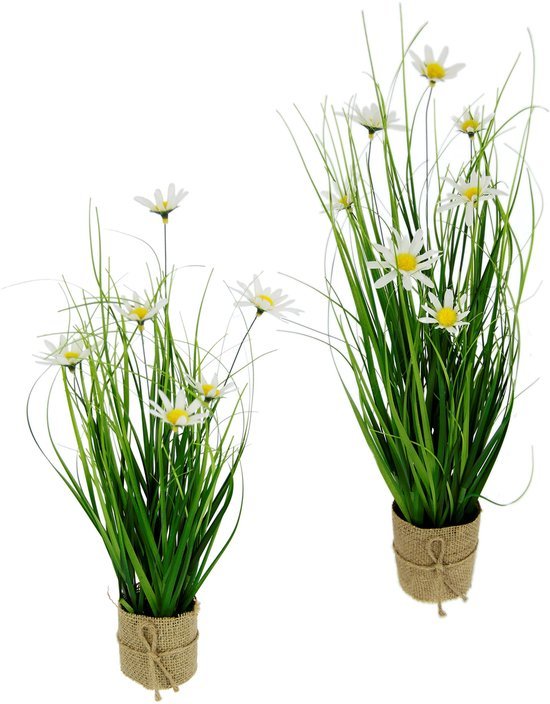 550x704-1.jpg Unyqoos® Natuurgetrouwe kunstgrasstruik met margrieten in stijlvolle jute pot