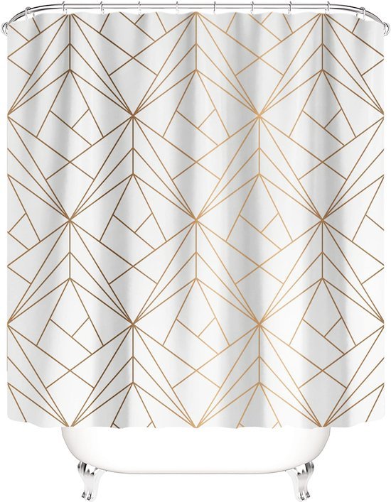 550x707-6.jpg Unyqoos® Stijlvol Geel Driehoeken Douchegordijn met Gouden Accenten en Antischimmeleffect