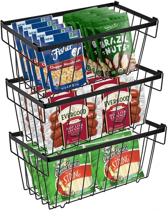 Unyqoos® Set van drie metalen draadmanden met handvatten voor koelkast en keuken