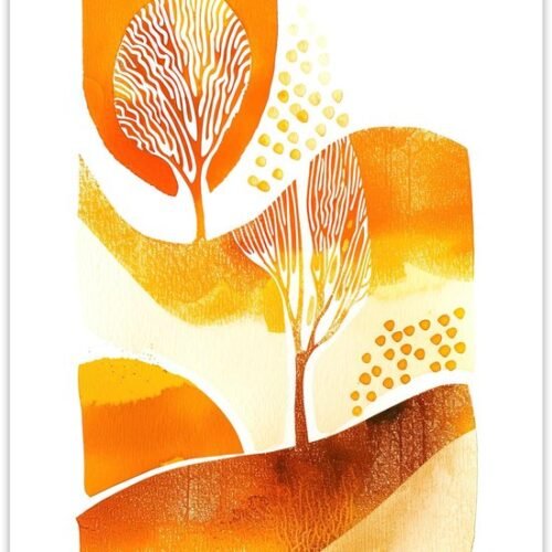 Unyqoos® Grote abstracte aquarelposter met herfstbomen voor woonkamerdecoratie, oranje