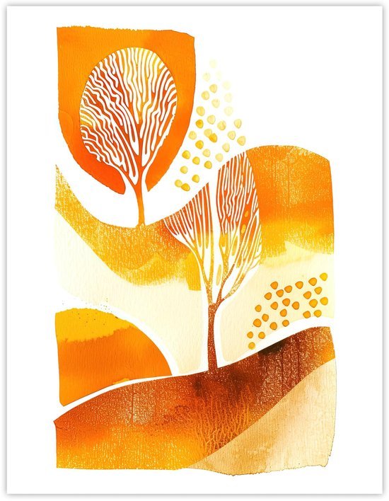 Unyqoos® Grote abstracte aquarelposter met herfstbomen voor woonkamerdecoratie, oranje