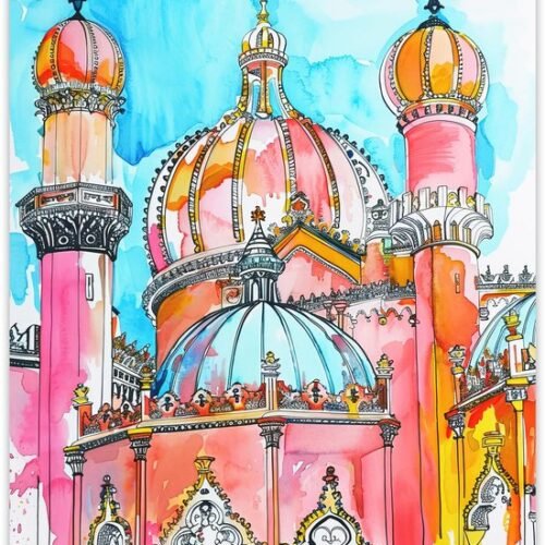Unyqoos® Grote kleurrijke waterverf poster van het Koninklijk Paviljoen in Brighton