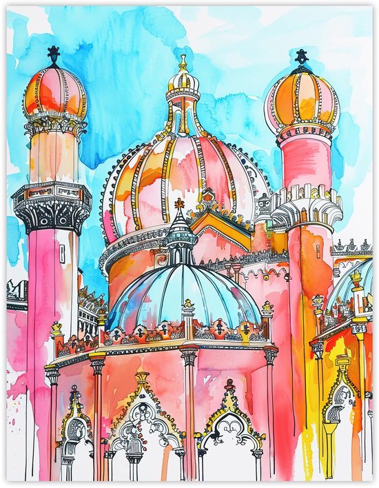 Unyqoos® Grote kleurrijke waterverf poster van het Koninklijk Paviljoen in Brighton