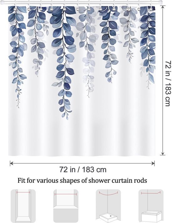 Unyqoos® Stijlvol douchegordijn met blauwe eucalyptusbladeren, waterdicht en schimmelwerend, inclusief 12 haken