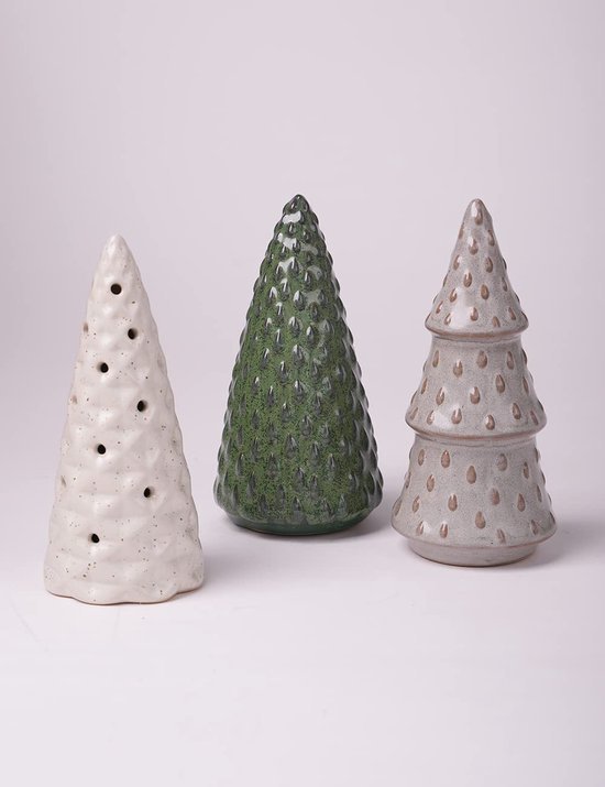Unyqoos® Set van drie moderne keramische dennenboom sculpturen voor sfeervolle kerstdecoratie