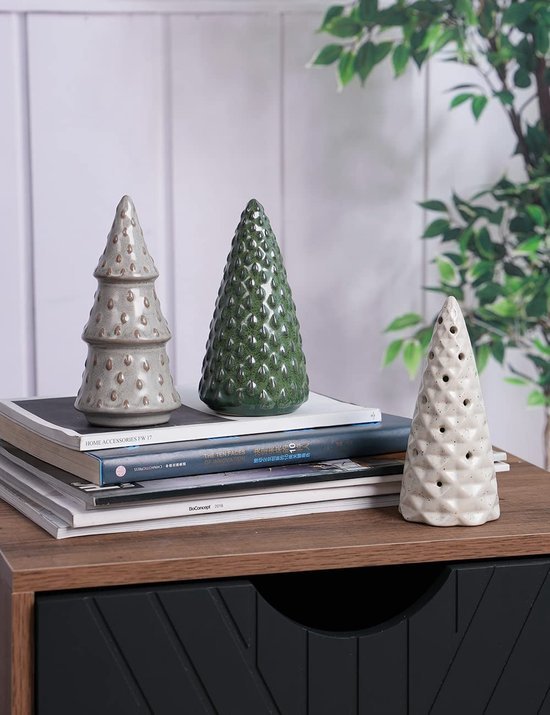 Unyqoos® Set van drie moderne keramische dennenboom sculpturen voor sfeervolle kerstdecoratie