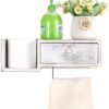 Unyqoos® Houten Toiletrolhouder Met Schuiflade En Wandplank Voor Badkamerdecoratie 37 x 17 x 14 cm Wit