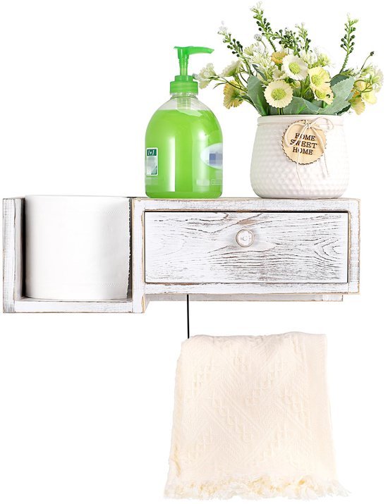Unyqoos® Houten Toiletrolhouder Met Schuiflade En Wandplank Voor Badkamerdecoratie 37 x 17 x 14 cm Wit