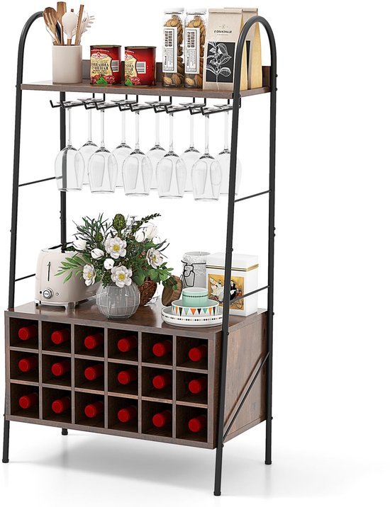 550x716-6.jpg Unyqoos® Vrijstaand wijnrek voor 18 flessen met glazenhouders en planken