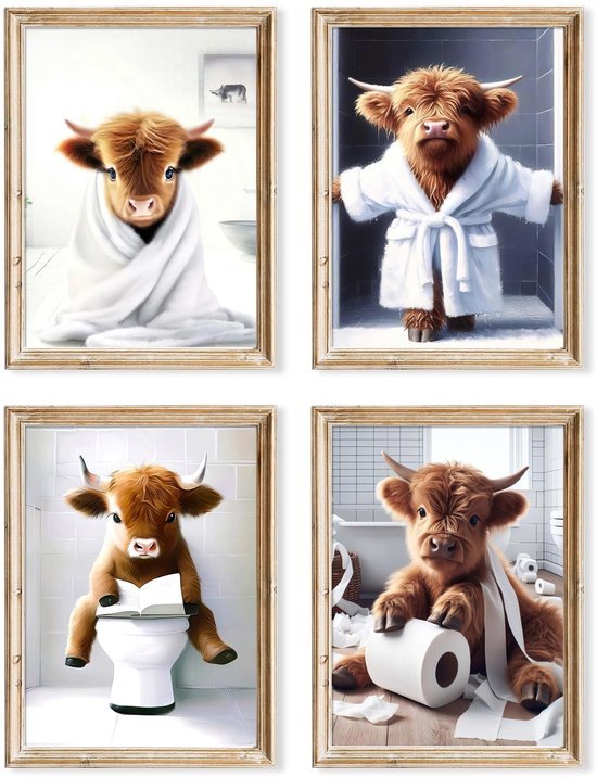 Unyqoos® Grappige Badkamer Wanddecoratie Schotse Hoogland Koeien Canvas A4 Formaat