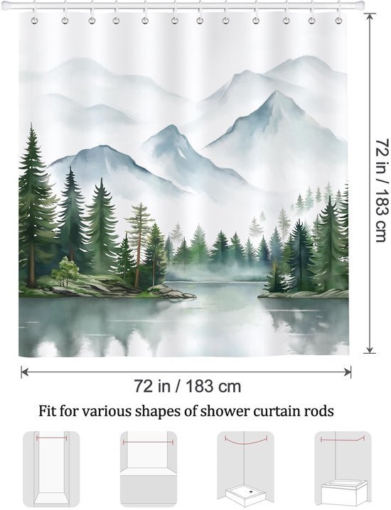 Unyqoos® Schimmelwerend Douchegordijn met Mistig Bosontwerp, Waterdicht, 180 x 180 cm, Inclusief 12 Haken