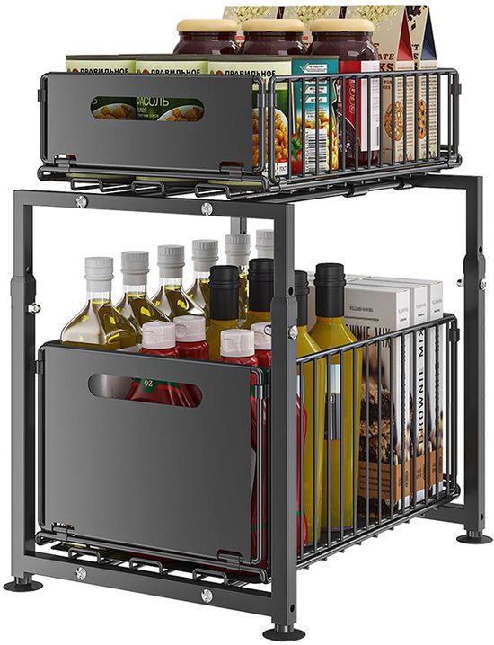 Unyqoos ® Uittrekbare Metalen Opbergorganizer voor Keuken en Badkamer met Verstelbare Hoogte en Twee Lagen